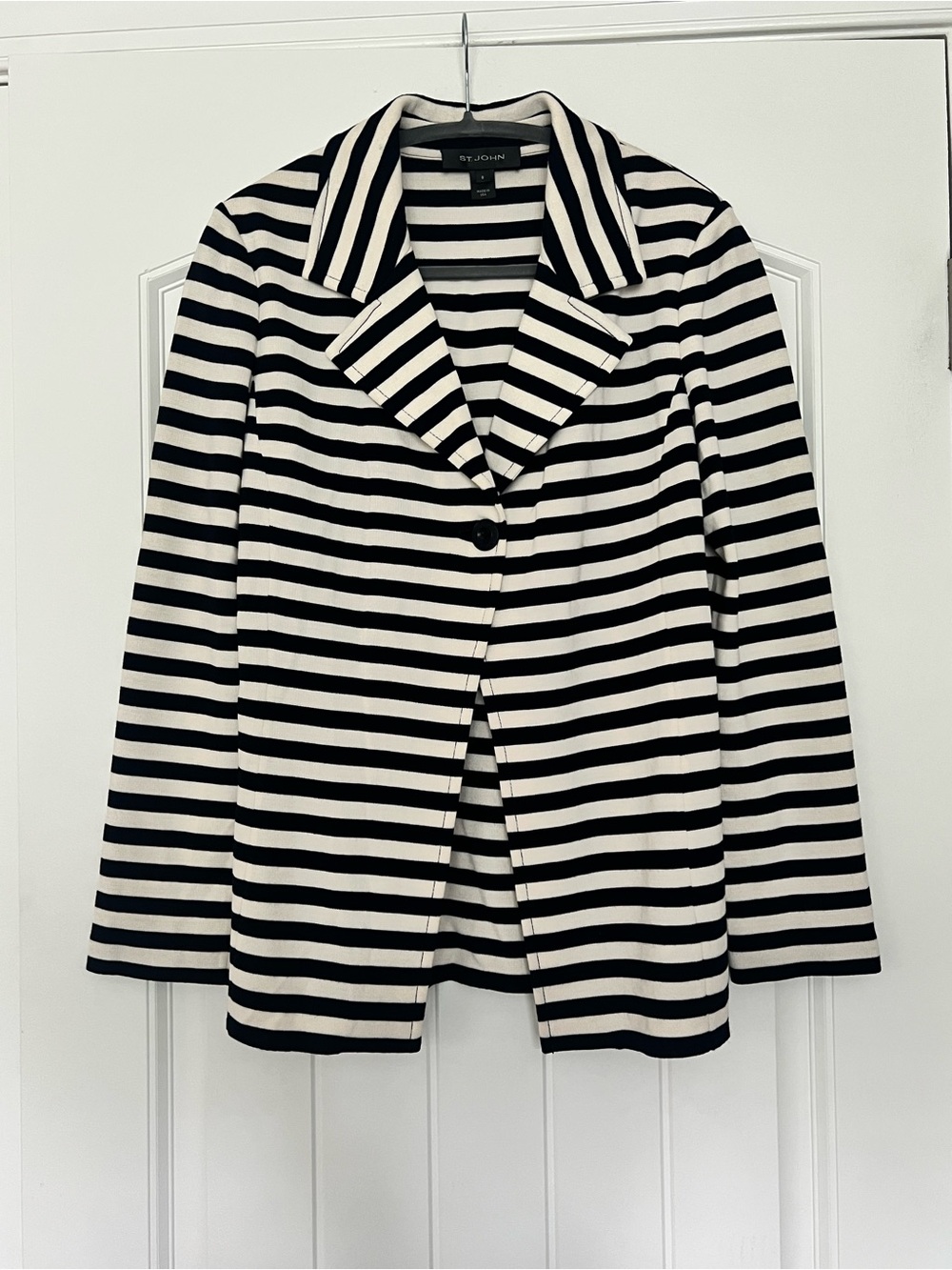 St. John Navy Ivory White Striped Wool Blend One Button Sweater Jacket Blazer 8